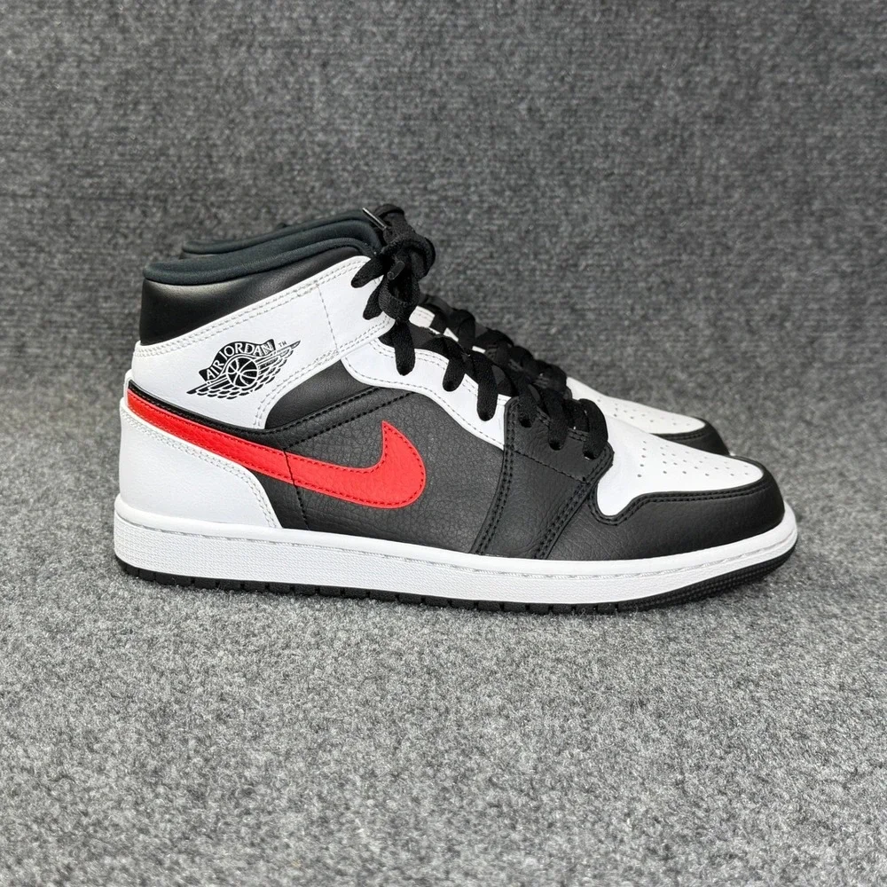 Jordan 1 Mid Shoes Men 8.5 Black Chile Red White Athletic Retro Hooping Sneakers